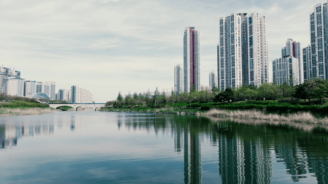Modern city skyline with a calm river