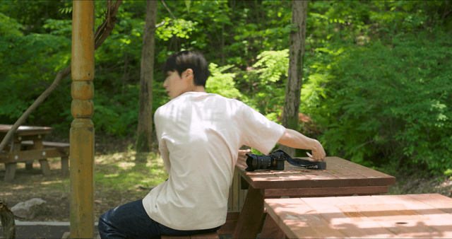 Man running away leaving camera on park bench in forest