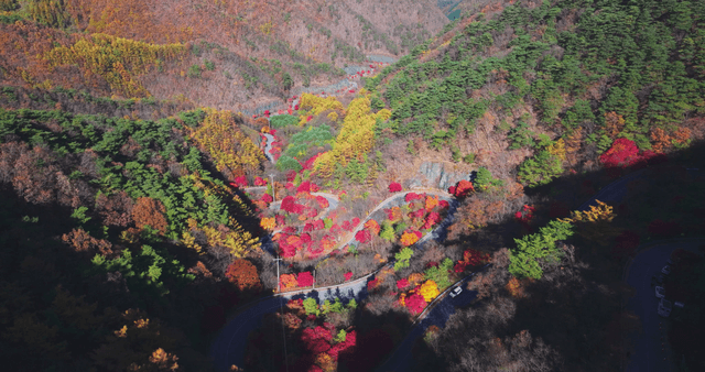 View from the observation deck, showing the road leading up to the colorful autumn hills