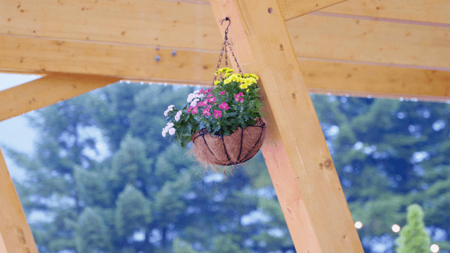 Hanging flower basket under a wooden roof