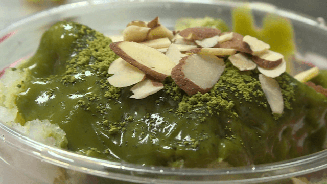 Green tea dessert with almond slices