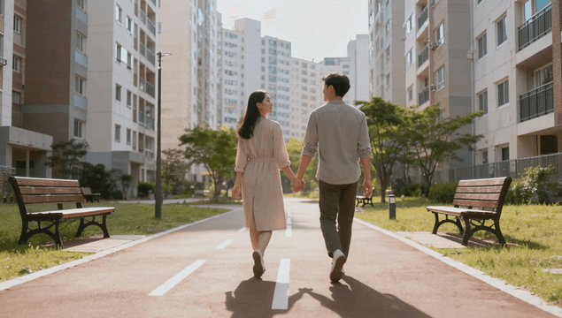 Couple walking hand in hand in an apartment park