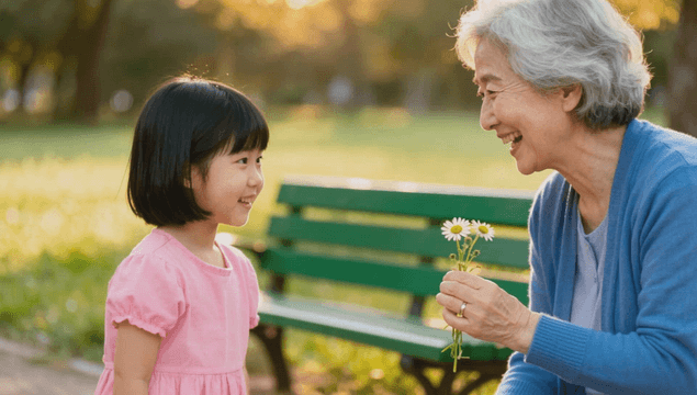 Girl giving flowers to grandmother in sunny park