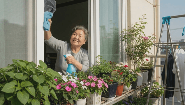 Elderly woman cleaning a window on a balcony