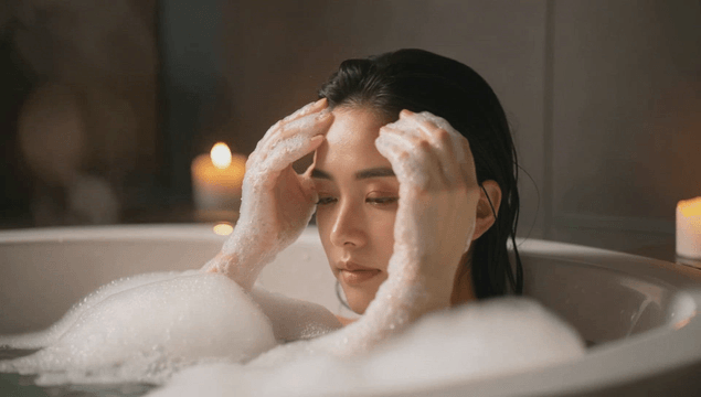 Young woman enjoying a hot bubble bath