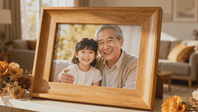 Grandfather and smiling granddaughter with photo frame