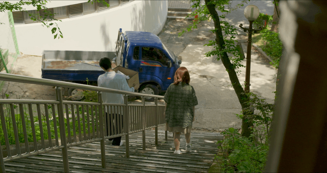 Couple walking down stairs in a park