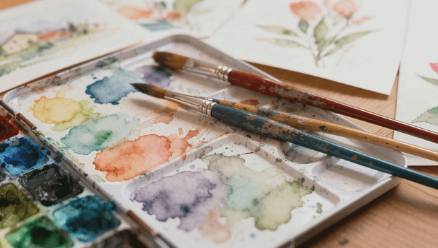 Dried watercolor palette and brushes on table