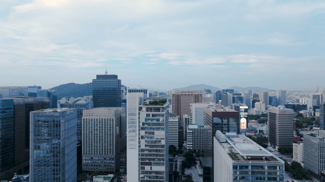 Bustling city skyline with tall buildings