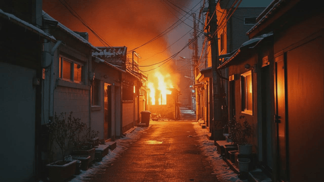 Building on fire in a narrow alley