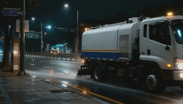 Road cleaning vehicle with water brushes operating at night