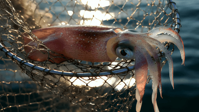 Squid caught in a fishing net