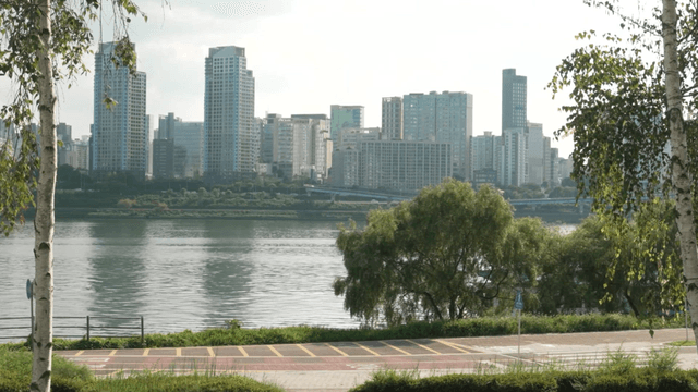 Seoul city skyline beyond calm Hangang park