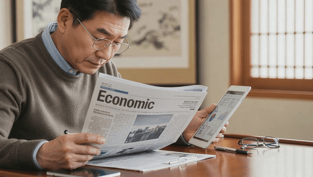 Middle-aged man reading economic news with tablet and newspaper
