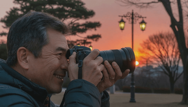 Middle-aged man photographing sunset park with digital camera