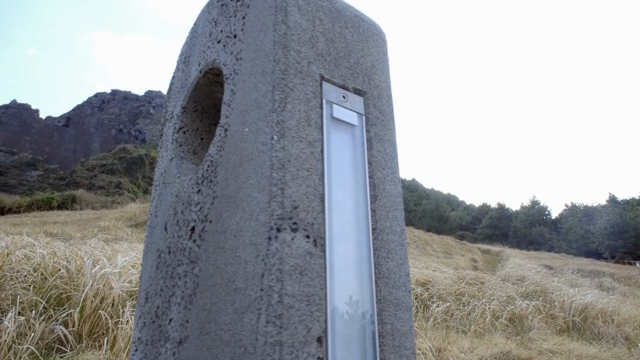 A stone sculpture in a grassy field