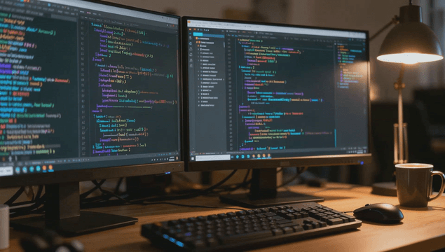 Dual monitors displaying programming code in dark room