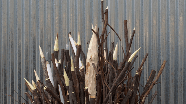 Metal basket filled with sharpened wooden carvings