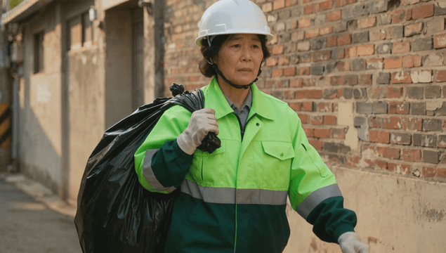 Female sanitation worker carrying trash bags in an alley