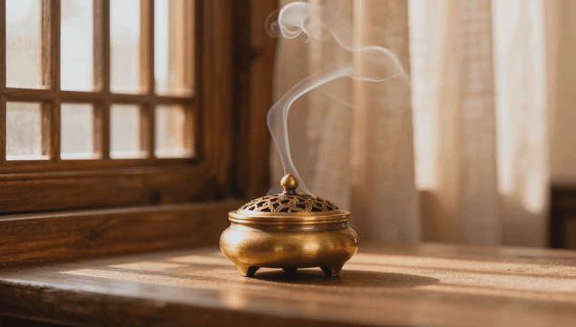 Incense burner with rising smoke by window