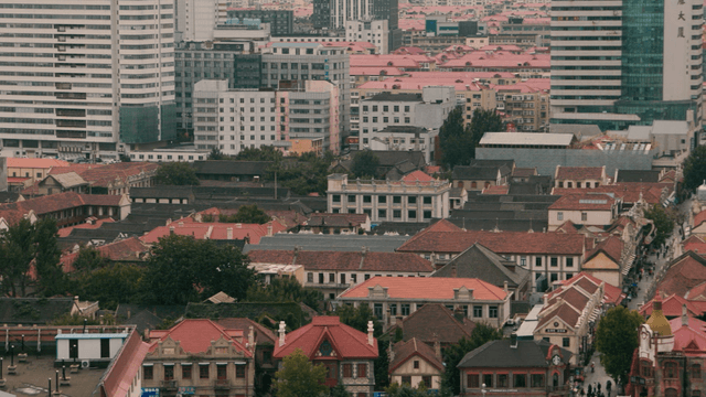 Bustling city with modern buildings
