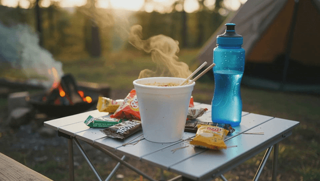 Camping with cup noodles and snacks