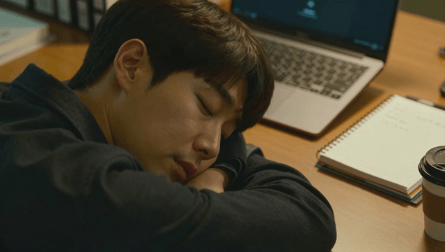 Man asleep at a desk in front of a laptop