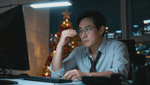Man working late in office during Christmas