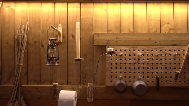 Wooden workshop wall with simple decorations