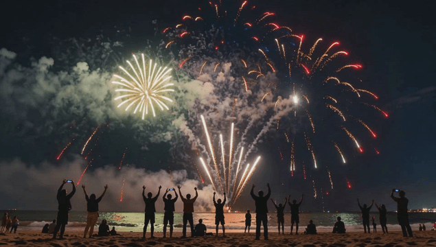 Colorful fireworks among the crowd on the night beach
