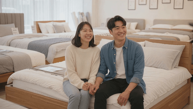 Couple sitting on showroom bed