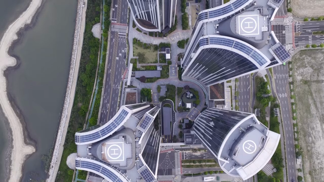 Aerial view of a modern city intersection