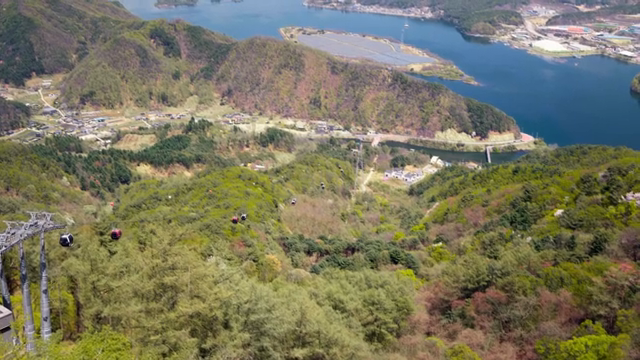 Cable cars over a scenic mountain landscape