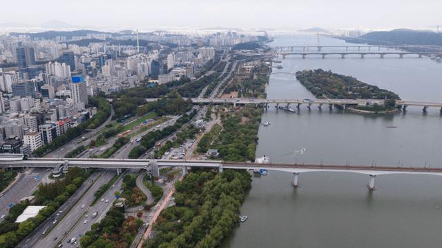 Sprawling cityscape with a river and bridges