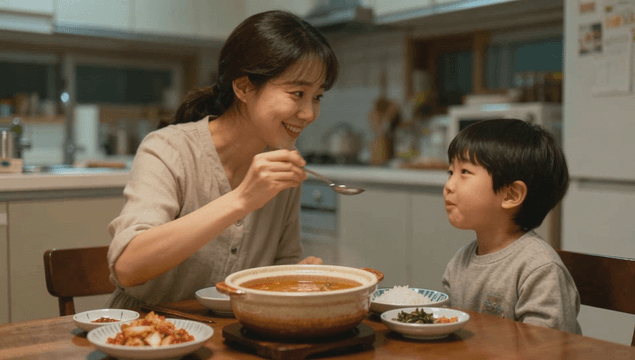 Mother feeding Korean meal to her child