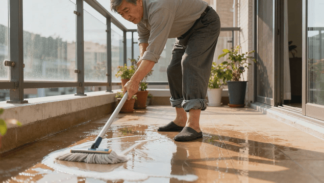 Senior man cleaning sunlit balcony with mop