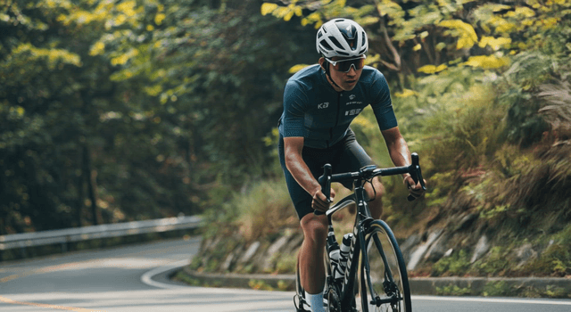 Cyclist riding on a winding forest road
