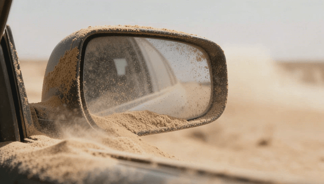 Car mirror covered in desert sand