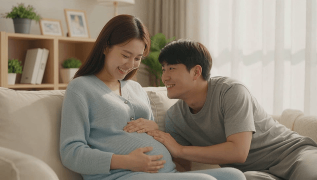 Husband kissing pregnant wife's belly on sofa