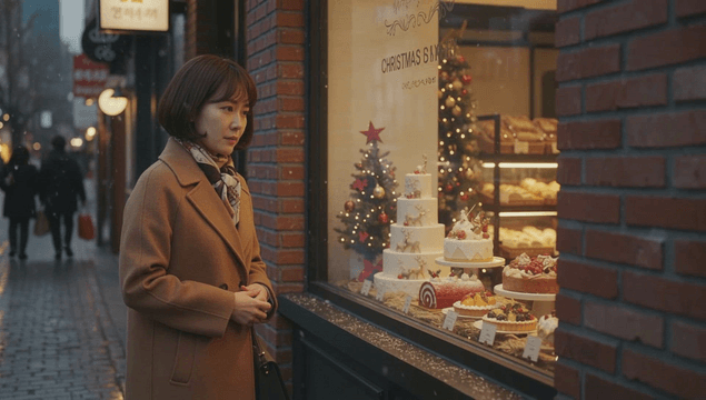 빵집 창문에 진열된 크리스마스 케이크를 바라보는 여자