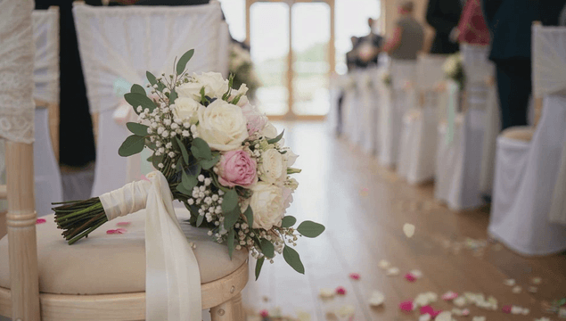 Bouquet placed on an empty wedding seat
