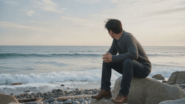 Man resting on seaside rocks watching sea