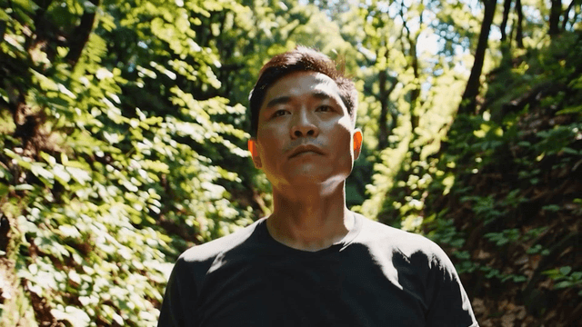 A man walking through a lush forest