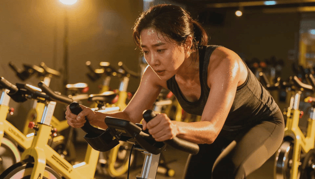Woman cycling intensely in fitness center