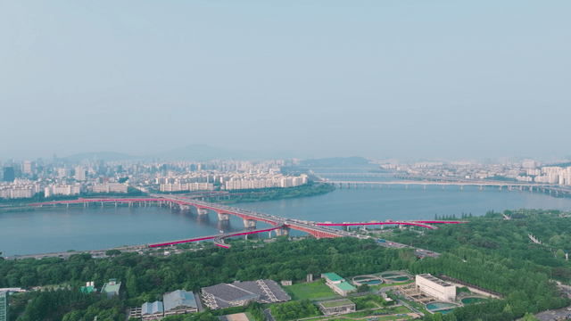 Aerial view of Seoul city with bridge and river