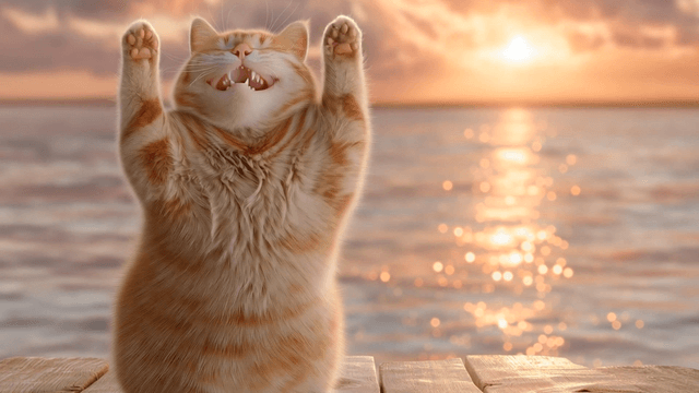 Cat dancing on wooden deck by the seaside at sunset