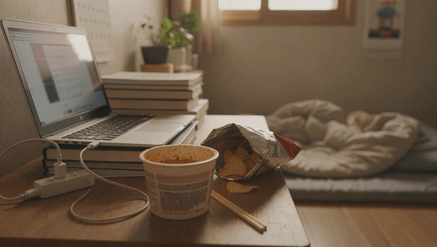 Cozy room with a laptop and snacks