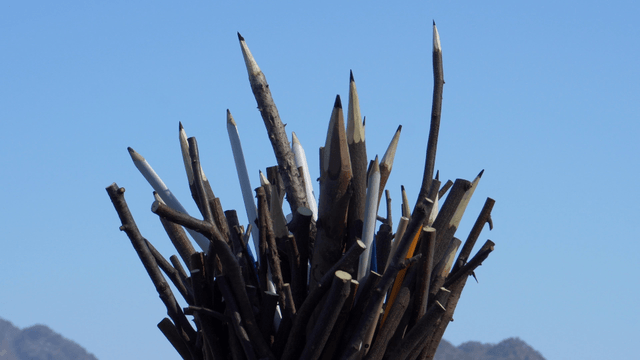 Wooden pencil sculpture on tree branch under clear sky