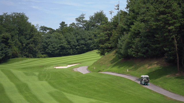Golf cart on a lush green golf course