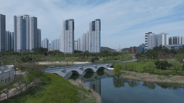 Lake park with modern high-rise buildings